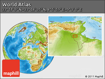 Physical Location Map of the Area around 33° 32' 52" N, 8° 34' 29" E