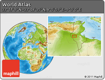 Physical Location Map of the Area around 33° 32' 52" N, 8° 34' 29" E