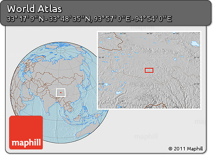 Gray Location Map of the Area around 33° 32' 52" N, 94° 25' 30" E, hill shading