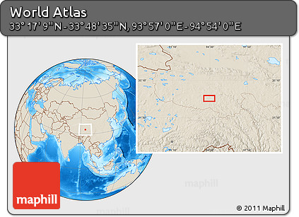 Shaded Relief Location Map of the Area around 33° 32' 52" N, 94° 25' 30" E