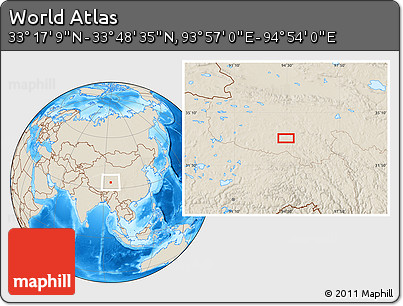 Shaded Relief Location Map of the Area around 33° 32' 52" N, 94° 25' 30" E