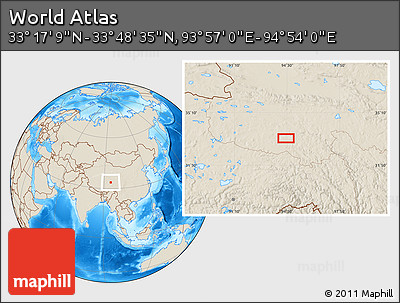Shaded Relief Location Map of the Area around 33° 32' 52" N, 94° 25' 30" E