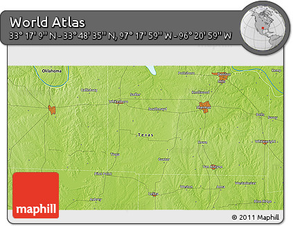 Physical 3D Map of the Area around 33° 32' 52" N, 96° 49' 29" W