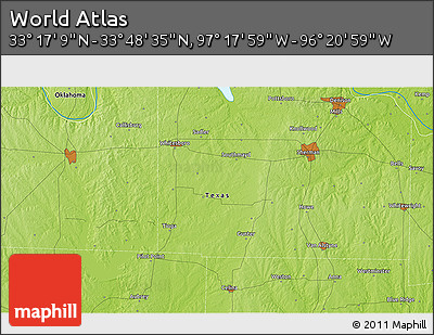Physical 3D Map of the Area around 33° 32' 52" N, 96° 49' 29" W