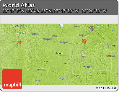 Physical 3D Map of the Area around 33° 32' 52" N, 96° 49' 29" W