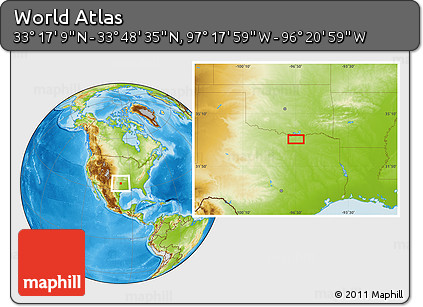 Physical Location Map of the Area around 33° 32' 52" N, 96° 49' 29" W