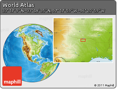 Physical Location Map of the Area around 33° 32' 52" N, 96° 49' 29" W
