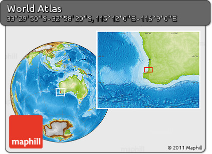 Physical Location Map of the Area around 33° 14' 5" S, 115° 40' 30" E