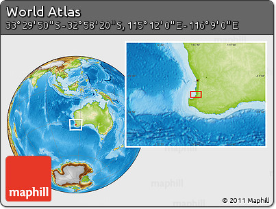 Physical Location Map of the Area around 33° 14' 5" S, 115° 40' 30" E