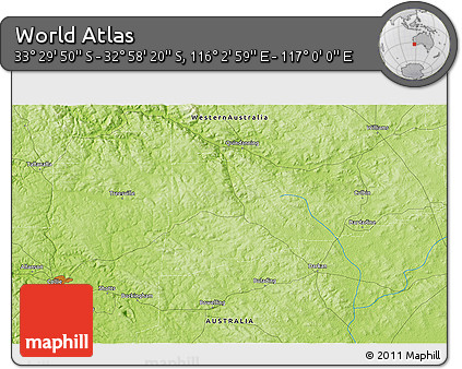 Physical 3D Map of the Area around 33° 14' 5" S, 116° 31' 30" E