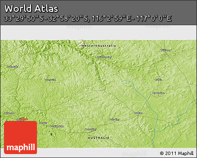 Physical 3D Map of the Area around 33° 14' 5" S, 116° 31' 30" E