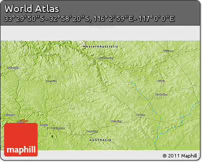 Physical 3D Map of the Area around 33° 14' 5" S, 116° 31' 30" E