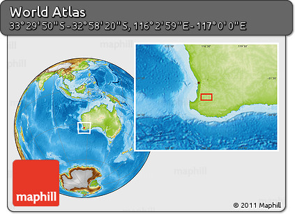 Physical Location Map of the Area around 33° 14' 5" S, 116° 31' 30" E