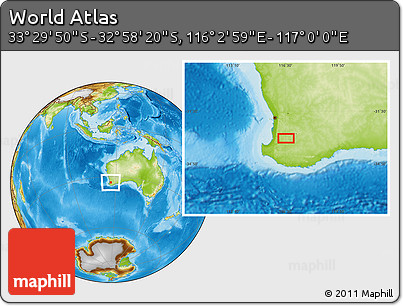 Physical Location Map of the Area around 33° 14' 5" S, 116° 31' 30" E