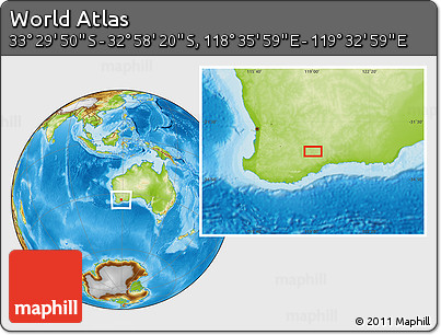 Physical Location Map of the Area around 33° 14' 5" S, 119° 4' 29" E
