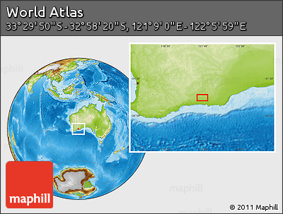 Physical Location Map of the Area around 33° 14' 5" S, 121° 37' 30" E