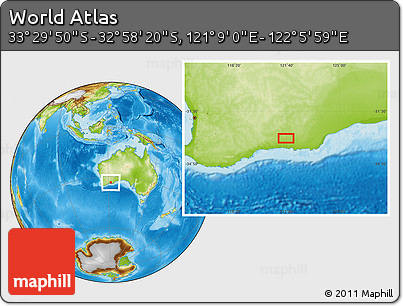 Physical Location Map of the Area around 33° 14' 5" S, 121° 37' 30" E
