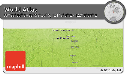 Physical Panoramic Map of the Area around 33° 14' 5" S, 121° 37' 30" E
