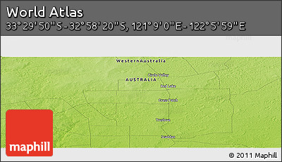 Physical Panoramic Map of the Area around 33° 14' 5" S, 121° 37' 30" E
