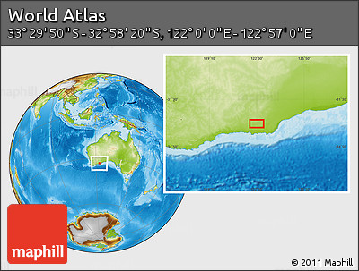 Physical Location Map of the Area around 33° 14' 5" S, 122° 28' 29" E