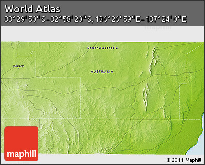 Physical 3D Map of the Area around 33° 14' 5" S, 136° 55' 30" E