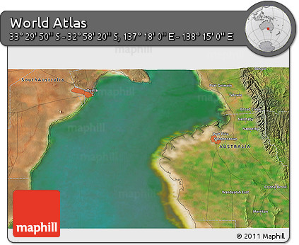 Satellite 3D Map of the Area around 33° 14' 5" S, 137° 46' 30" E
