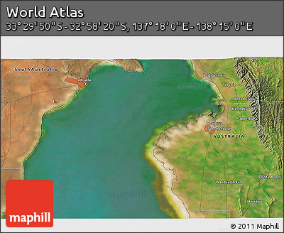 Satellite 3D Map of the Area around 33° 14' 5" S, 137° 46' 30" E