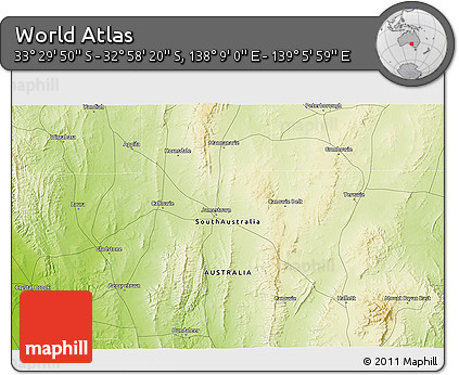 Physical 3D Map of the Area around 33° 14' 5" S, 138° 37' 30" E