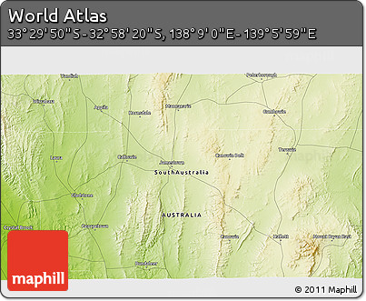 Physical 3D Map of the Area around 33° 14' 5" S, 138° 37' 30" E