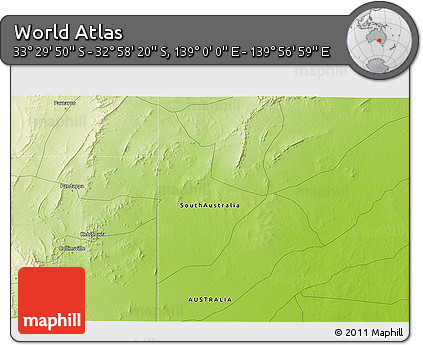 Physical 3D Map of the Area around 33° 14' 5" S, 139° 28' 29" E