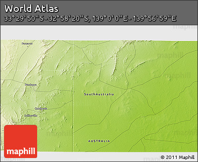 Physical 3D Map of the Area around 33° 14' 5" S, 139° 28' 29" E