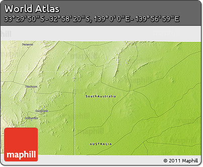 Physical 3D Map of the Area around 33° 14' 5" S, 139° 28' 29" E
