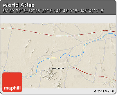 Shaded Relief 3D Map of the Area around 33° 14' 5" S, 146° 16' 30" E
