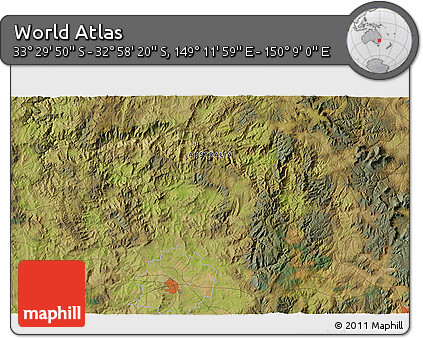 Satellite 3D Map of the Area around 33° 14' 5" S, 149° 40' 30" E