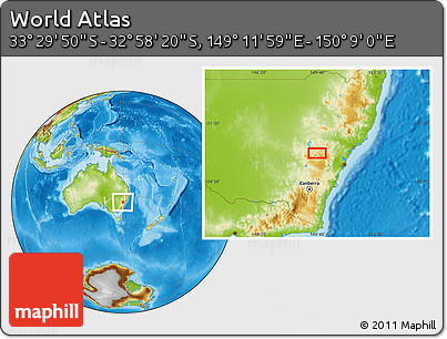 Physical Location Map of the Area around 33° 14' 5" S, 149° 40' 30" E