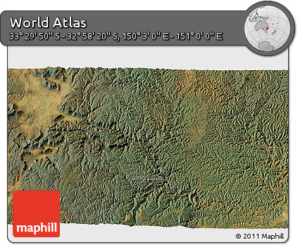 Satellite 3D Map of the Area around 33° 14' 5" S, 150° 31' 30" E