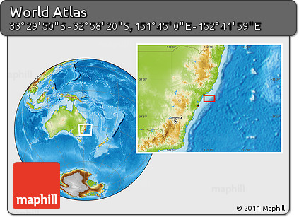 Physical Location Map of the Area around 33° 14' 5" S, 152° 13' 29" E