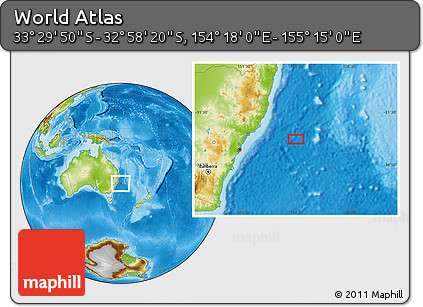Physical Location Map of the Area around 33° 14' 5" S, 154° 46' 30" E