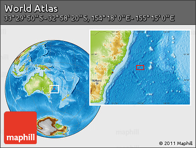 Physical Location Map of the Area around 33° 14' 5" S, 154° 46' 30" E