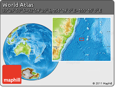 Physical Location Map of the Area around 33° 14' 5" S, 154° 46' 30" E