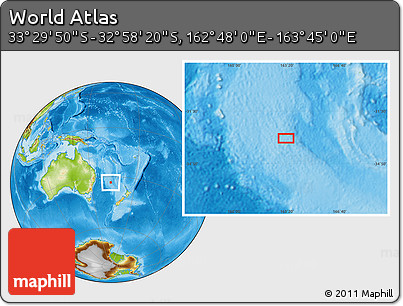 Physical Location Map of the Area around 33° 14' 5" S, 163° 16' 30" E