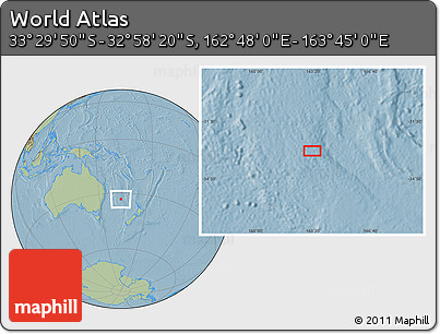 Savanna Style Location Map of the Area around 33° 14' 5" S, 163° 16' 30" E, hill shading