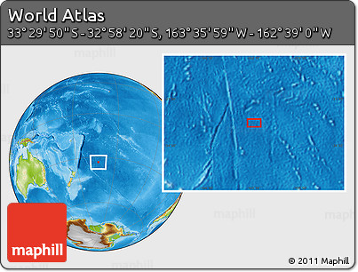 Physical Location Map of the Area around 33° 14' 5" S, 163° 7' 30" W