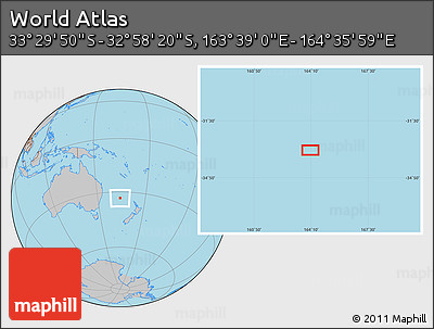Gray Location Map of the Area around 33° 14' 5" S, 164° 7' 30" E