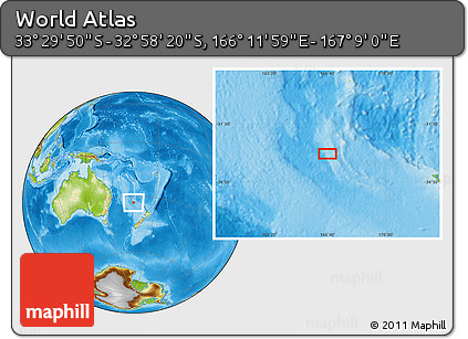 Physical Location Map of the Area around 33° 14' 5" S, 166° 40' 30" E