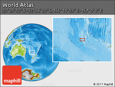 Physical Location Map of the Area around 33° 14' 5" S, 166° 40' 30" E