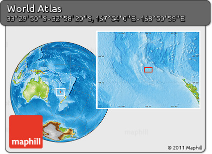 Physical Location Map of the Area around 33° 14' 5" S, 168° 22' 30" E