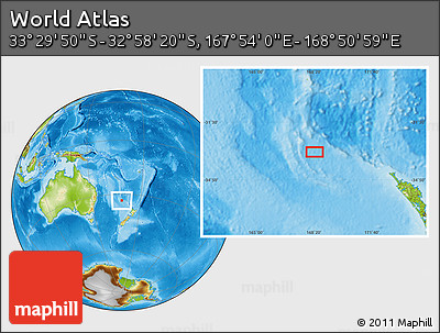 Physical Location Map of the Area around 33° 14' 5" S, 168° 22' 30" E