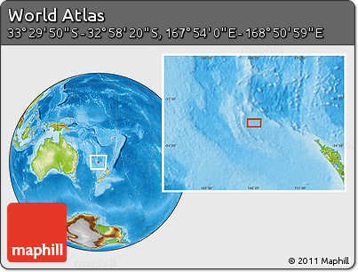 Physical Location Map of the Area around 33° 14' 5" S, 168° 22' 30" E