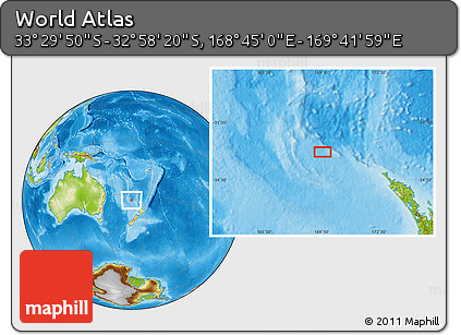 Physical Location Map of the Area around 33° 14' 5" S, 169° 13' 29" E